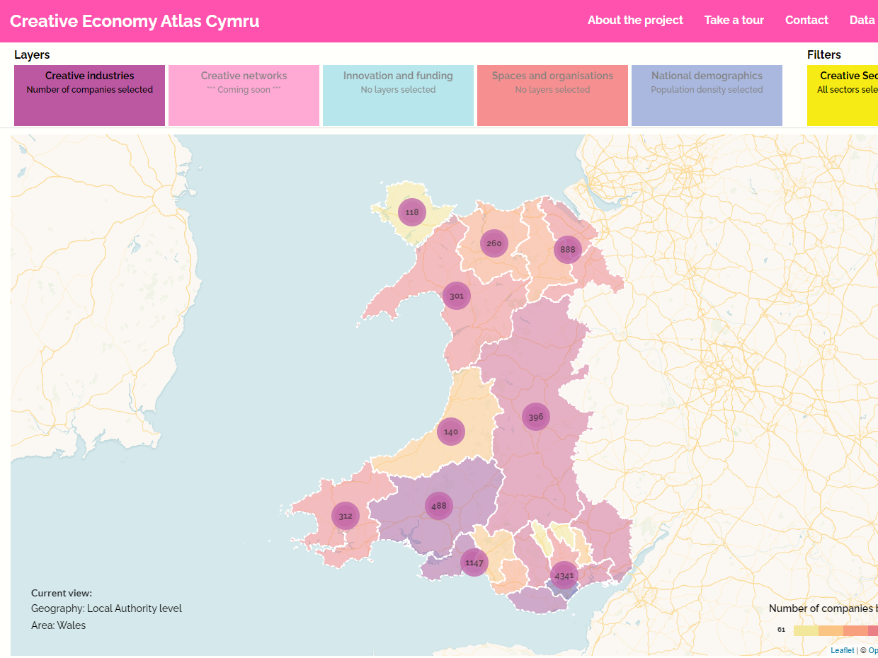 Creative Economy Atlas Cymru screengrab featuring map of Wales