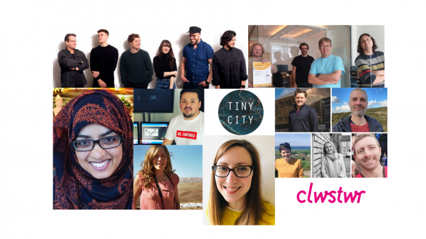 Composite image of 2021 seed cohort - headshots of teams from Lab Class, Tantrwm, Little Bird Films, Focus Shift Films, Tiny City (log), Golwg, Salt White, Amy Taylor and the Clwstwr logo