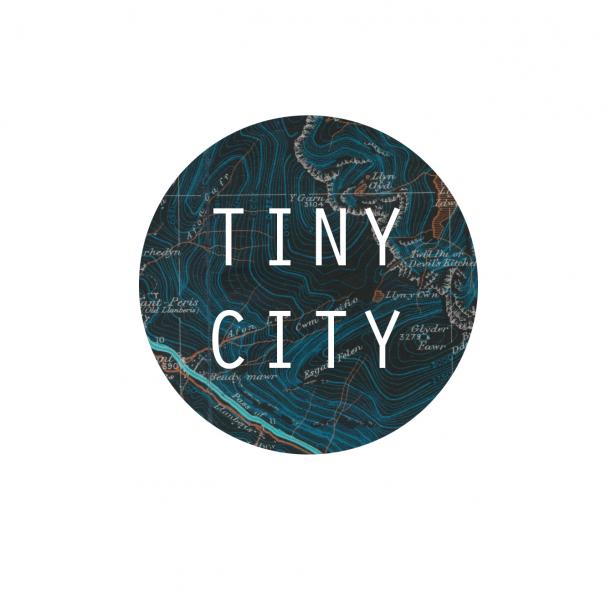 Tiny City Logo - White text over an image of the world